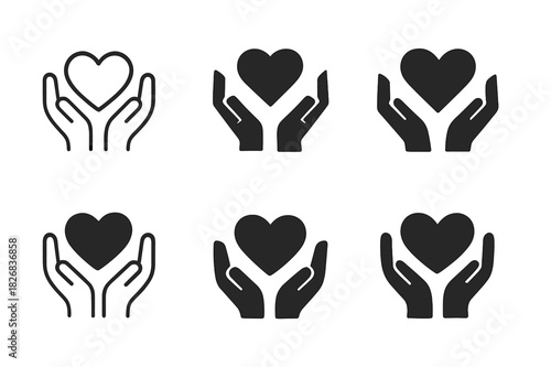 Volunteer Emblem Variations. Volunteer in action. Icon set. Set Logo of volunteer in action: hands holding heart. harmonious logo variations of the same