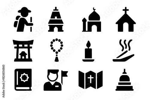 Faith Travel Icons. Faith travel. Solid icon set of Faith travel: pilgrim, temple, mosque, church, shrine, prayer beads, candle, incense, holy book, tour