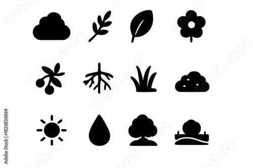 Shrubbery Icon Set. Shrubbery Icons. Solid icon set of bush, branch, leaf, flower, berries, roots, grass, soil, sun, water droplet, shrub, garden. Filled icons