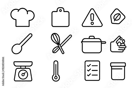 Allergy-Friendly Cooking Icons. Cooking for food allergies and intolerances. Line icon set of cooking for food allergies and intolerances: chef hat, cutting