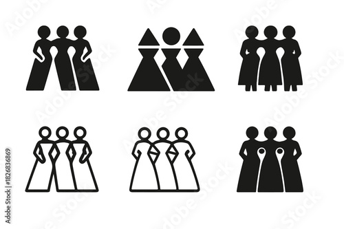 Bridesmaids Logo Variations. Bridesmaids in matching dresses. Icon set. Set Logo of bridesmaids in matching dresses: Women posing together. harmonious logo
