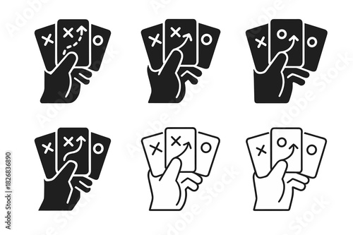 Strategy Game Logos. Engaging in a strategy game. Icon set. Set Logo of engaging in a strategy game: player hand holding tactical cards. harmonious logo