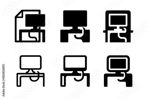 Home Office Logo Set. redesigning a home office space. Icon set. Set Logo of redesigning a home office space: workstation with cable management. harmonious