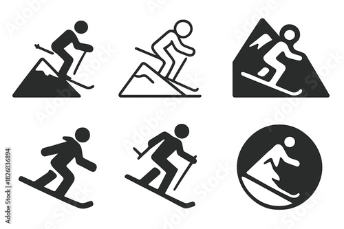 Ski Slope Logos. Skiing or snowboarding down a snowy mountain slope. Icon set. Set Logo of snowy mountain slope. harmonious logo variations of the same