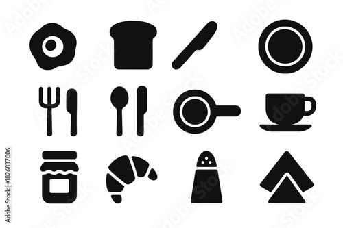 Breakfast Icons Set. Egg and toast. Solid icon set of egg and toast: fried egg, toast slice, butter knife, plate, fork, spoon, frying pan, coffee cup, jam jar,