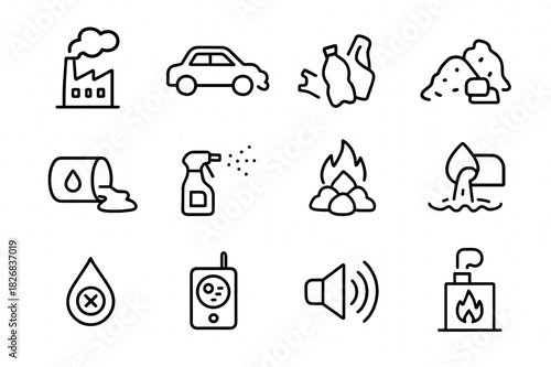 Pollution Sources Icons. Pollution sources. Line icon set of pollution sources: factory smoke, car exhaust, plastic waste, landfill, oil spill, pesticide