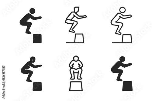 Plyometrics Logo Variations. plyometrics. Icon set. Set Logo of plyometrics: jump squat representation. harmonious logo variations of the same emblematic