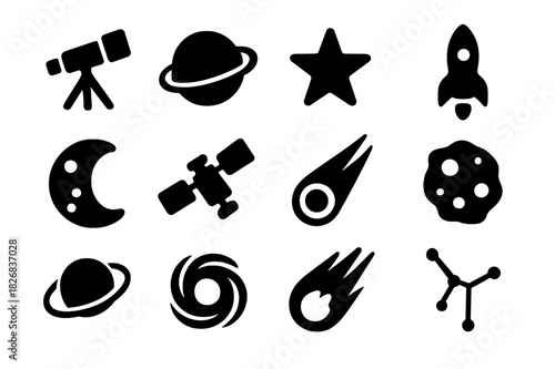 Space Icons Grid. Galaxy Exploration. Solid icon set of telescope, planet, star, rocket, moon, satellite, comet, asteroid, orbit, black hole, meteor,