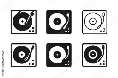 Retro Turntable Logos. record player. Icon set. Set Logo of record player: retro turntable box. harmonious logo variations of the same emblematic concept, each