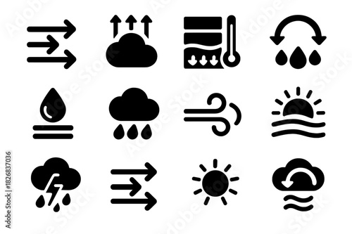 Atmospheric Processes Icons. Atmospheric process. Solid icon set of Atmospheric process: air currents, cloud formation, temperature layers, pressure arrows,