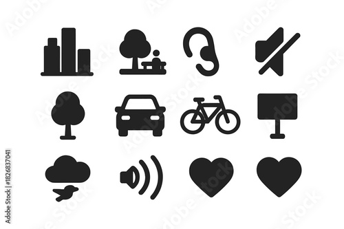 Quiet City Icons. Quiet City Initiative. Solid icon set of Quiet City Initiative: skyline, park, ear, mute symbol, tree, car, bicycle, signboard, cloud, bird,
