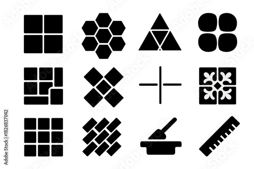Floor Tile Icons. Floor design. Solid icon set of Floor design: square tile, hexagon tile, triangle tile, circle tile, mosaic tile, diamond tile, grout line,