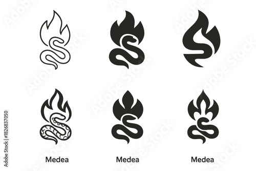 Medea Emblem Variations. Medea. Icon set. Set Logo of Medea: fire and serpent motif. harmonious logo variations of the same emblematic concept, each with