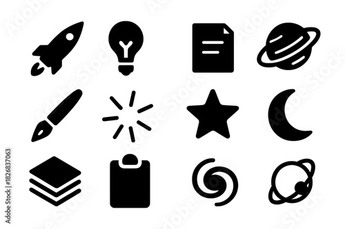 Interstellar Icon Collection. Interstellar creativity. Solid icon set of interstellar creativity: rocket, light bulb, note, planet, pen, spark, star, moon,