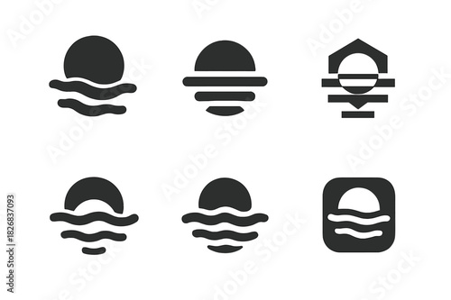 Morning Fog Logos. Morning Fog. Icon set. Set Logo of morning fog: sun barely visible in fog. harmonious logo variations of the same emblematic concept, each