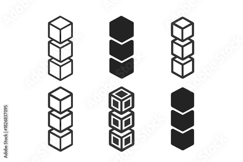 Piled Up Icon Set. piled up. Icon set. Set Logo of piled up: tower of cubes. harmonious logo variations of the same emblematic concept, each with different