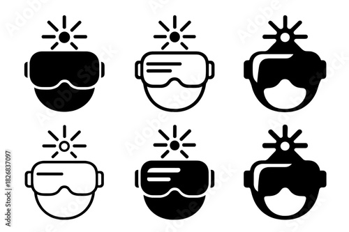 Creative AI Logos. AI in creative industries. Icon set. Set Logo of AI in creative industries: VR headset projecting creative spark icons. harmonious logo