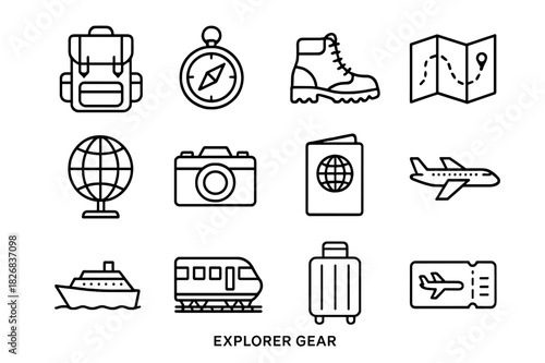Explorer Gear Icons. Explorer Gear. Line icon set of Explorer Gear: backpack, compass, hiking boots, map, globe, camera, passport, airplane, cruise ship,