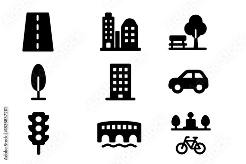 Urban Icons Set. Urban lifestyle. Solid icon set of urban lifestyle: skyscraper, subway, bicycle, street light, coffee cup, office building, park bench,