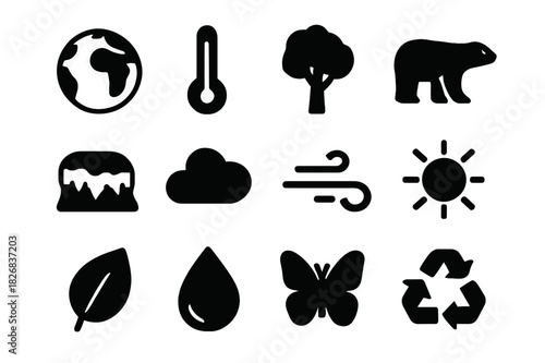 Climate Icon Grid. Climate and biodiversity. Solid icon set of climate and biodiversity: globe, thermometer, tree, polar bear, ice cap, cloud, wind, sun, leaf,