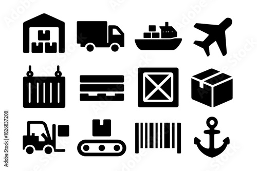 Supply Chain Icons. Supply chain. Solid icon set of Supply chain: warehouse, truck, cargo ship, cargo plane, shipping container, pallet, crate, box, forklift,