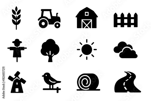 Field Icons Collection. Field views. Solid icon set of field views: wheat, tractor, barn, fence, scarecrow, tree, sun, clouds, windmill, bird, hay bale, dirt