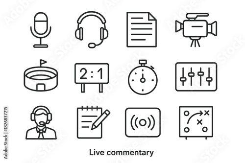 Live Commentary Icons. Live Commentary. Line icon set of Live Commentary: microphone, headset, script, TV camera, stadium, scoreboard, timer, soundboard,