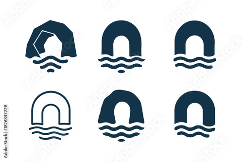 Underwater Cave Icons. underwater caves. Icon set. Set Logo of underwater caves: curved rock tunnel. harmonious logo variations of the same emblematic concept,