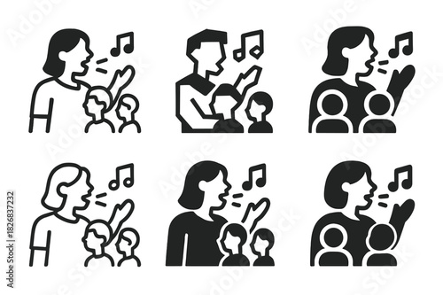 Singing Education Logos. teaching singing to children and youth. Icon set. Set Logo of teaching singing to children and youth: singing teacher with gesture.