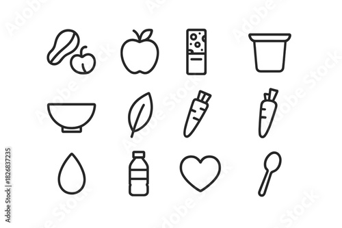 Healthy Snack Icons. Healthy snacks. Line icon set of healthy snacks: nuts, apple, granola bar, yogurt cup, bowl, leaf, carrot stick, jar, seed, water bottle,