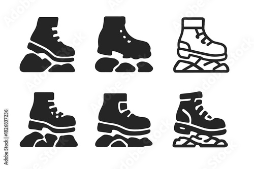 Hiking Logo Variations. People hiking in the mountains on a warm day. Icon set. Set Logo of hiking: boots on rocky trail. harmonious logo variations of the