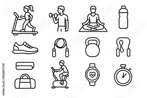 Fitness Icon Set. Health-Conscious Individuals Engaging in Fitness Activities. Line icon set of Health-Conscious Individuals Engaging in Fitness Activities: