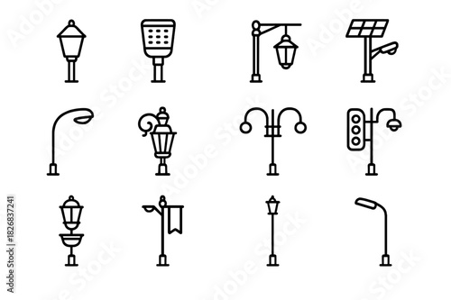 Street Light Icon Set. Street light types. Line icon set of Street light types: traditional lamp, LED light, hanging lantern, solar lamp, curved lamp post,