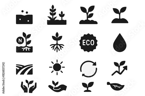 Harvest Icons. Harvest and benefits. Solid icon set of Harvest and benefits: healthy soil, crop yield, plant growth, nitrogen cycle, roots, eco badge, farm