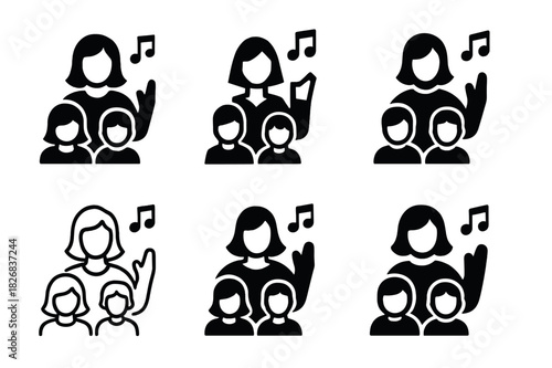 Singing Education Logos. teaching singing to children and youth. Icon set. Set Logo of teaching singing to children and youth: singing teacher with gesture.