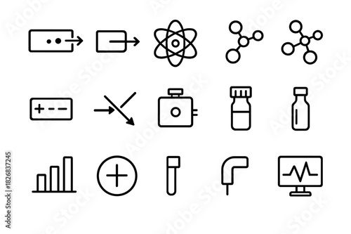 Mass Spectrometry Icons. Mass spectrometry. Line icon set of mass spectrometry: ion source, detector, atom, molecule, electric field, laser beam, vacuum