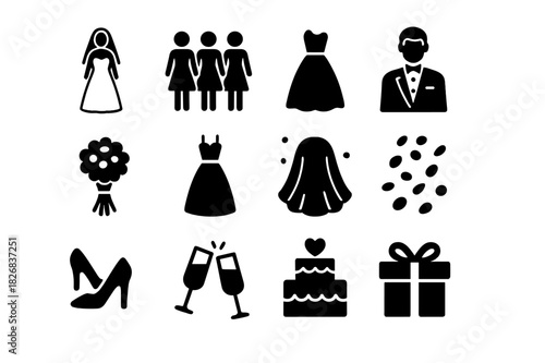 Wedding Icon Set. Wedding party scene. Solid icon set of Wedding party scene: bride, bridesmaids, groom, bouquet, wedding dress, veil, flower petals, shoes,