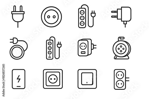 Power Accessories Icons. Power accessories. Line icon set of power accessories: plug, socket, power strip, USB charger, extension cord, surge protector,