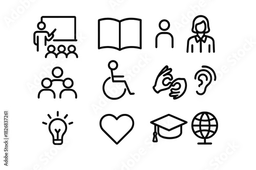 Inclusive Education Icons. Inclusive education. Line icon set of inclusive education: classroom, open book, teacher, group of students, wheelchair icon, sign