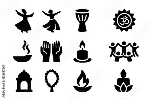 Sacred Dance Icons. Dance for religious and spiritual events. Solid icon set of dance for religious and spiritual events: dancer silhouette, flowing robes,