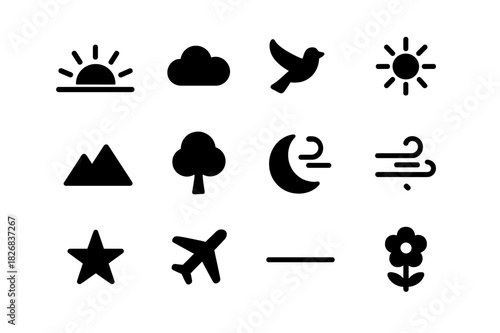 Morning Sky Icons. Peaceful morning sky. Solid icon set of peaceful morning sky: sunrise, cloud, bird, sun rays, mountain, tree, moon fading, soft wind, star,