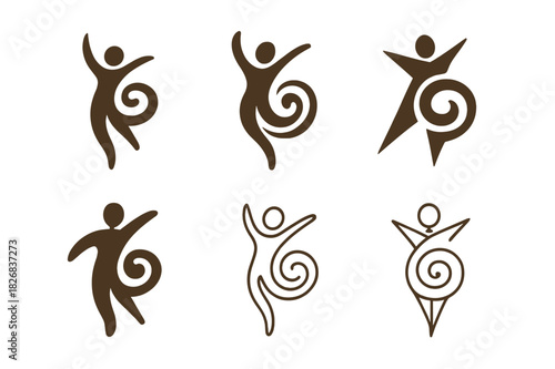 Dance Therapy Logos. dance therapy and emotional healing. Icon set. Set Logo of dance therapy and emotional healing: healing energy spiral. harmonious logo