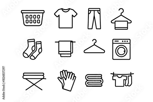 Laundry Icons Collection. Laundry Day. Line icon set of Laundry Day: laundry basket, t-shirt, pants, socks, towel, hanger, ironing board, folded stack, washing