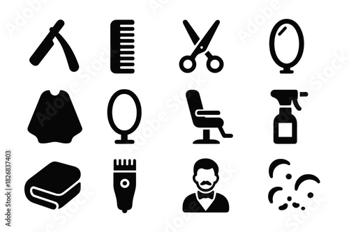 Barber Tools Icons. Grooming tools. Solid icon set of Grooming tools: straight razor, comb, scissors, hairbrush, cape, mirror, barber chair, spray bottle,