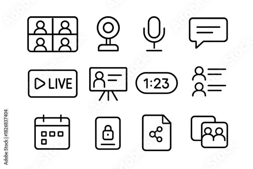 Online Conference Icons. Online conference. Line icon set of online conference: multi-user screen, webcam feed, microphone icon, chat thread, live stream icon,