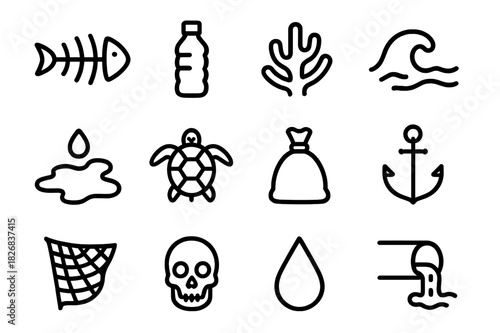 Ocean Pollution Icons. Ocean degradation. Line icon set of ocean degradation: fish bones, plastic bottle, coral, wave, oil spill, dead turtle, trash bag,