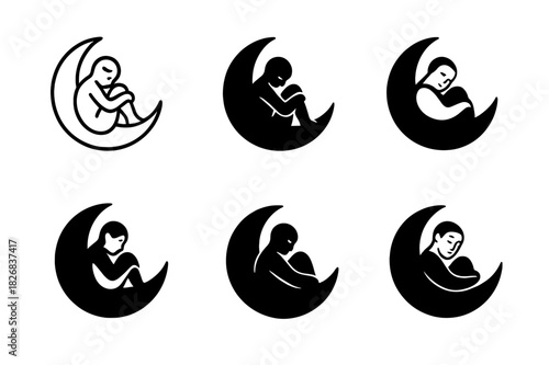 Sleep Meditation Logos. sleep meditation. Icon set. Set Logo of sleep meditation: person resting on a crescent moon. harmonious logo variations of the same