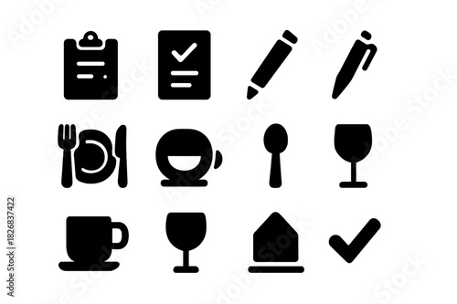 Restaurant Icons Grid. Restaurant checklist. Solid icon set of Restaurant checklist: clipboard, menu sheet, pencil, pen, plate, fork, knife, spoon, coffee cup,