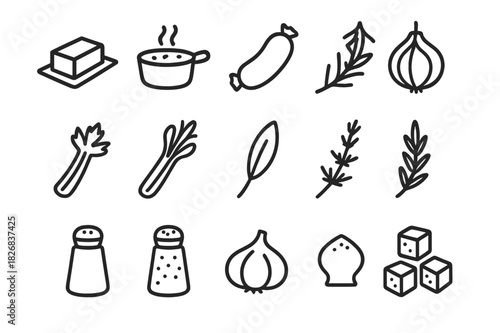 Savory Ingredients Icons. Savory Ingredients. Line icon set of Savory Ingredients: butter, chicken broth, sausage, onion, celery, sage, thyme, rosemary, salt,
