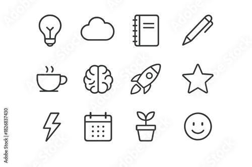 Inspiration Icons Set. Inspiration and ideas. Line icon set of inspiration and ideas: lightbulb, cloud, notebook, pen, coffee cup, brain, rocket, star,